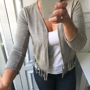 TAHARI FAUX SUEDE FRINGE JACKET